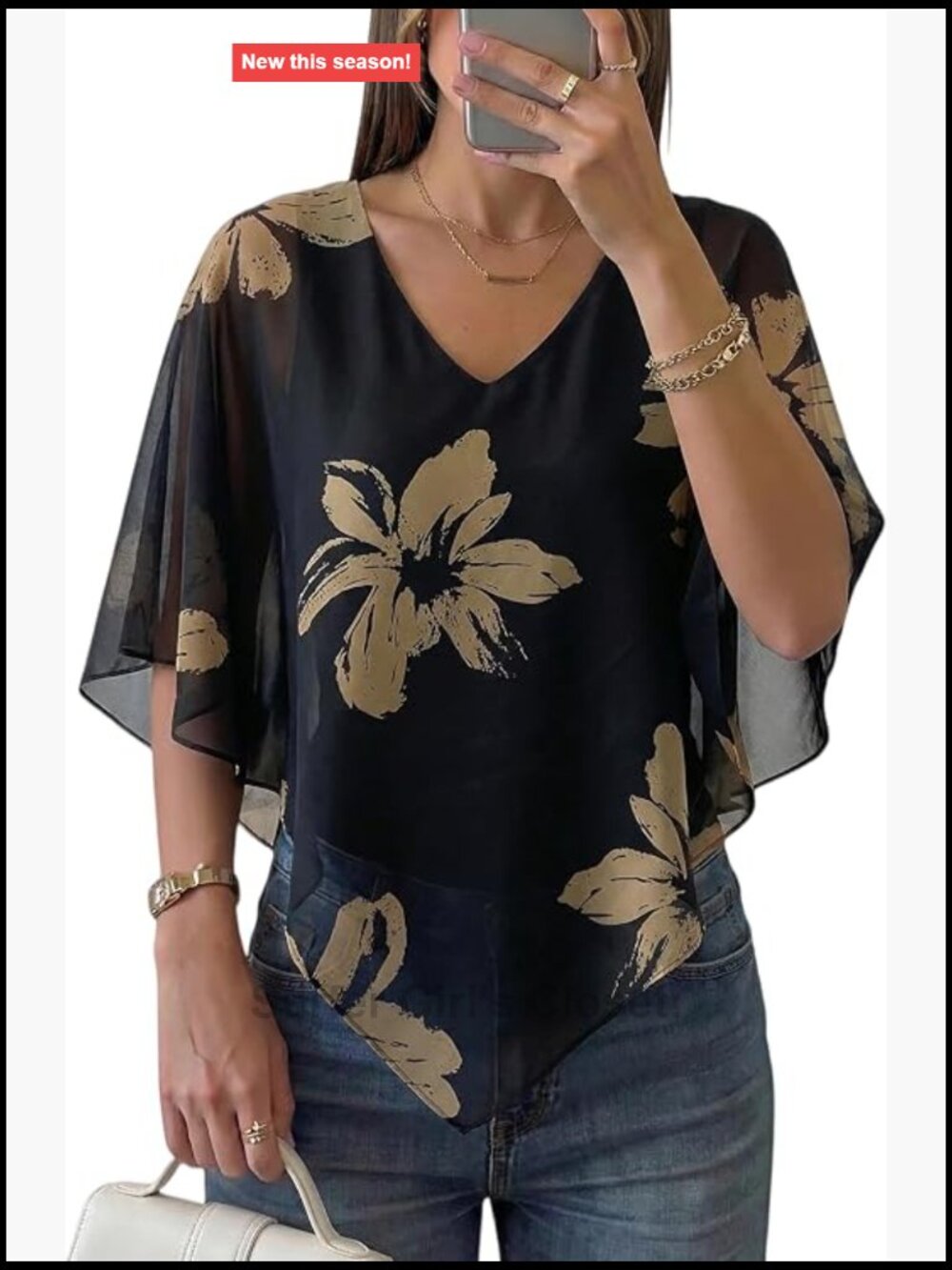 Women's Boho Chiffon Poncho Top Batwing Sleeve Floral Beach Vacation Blouse